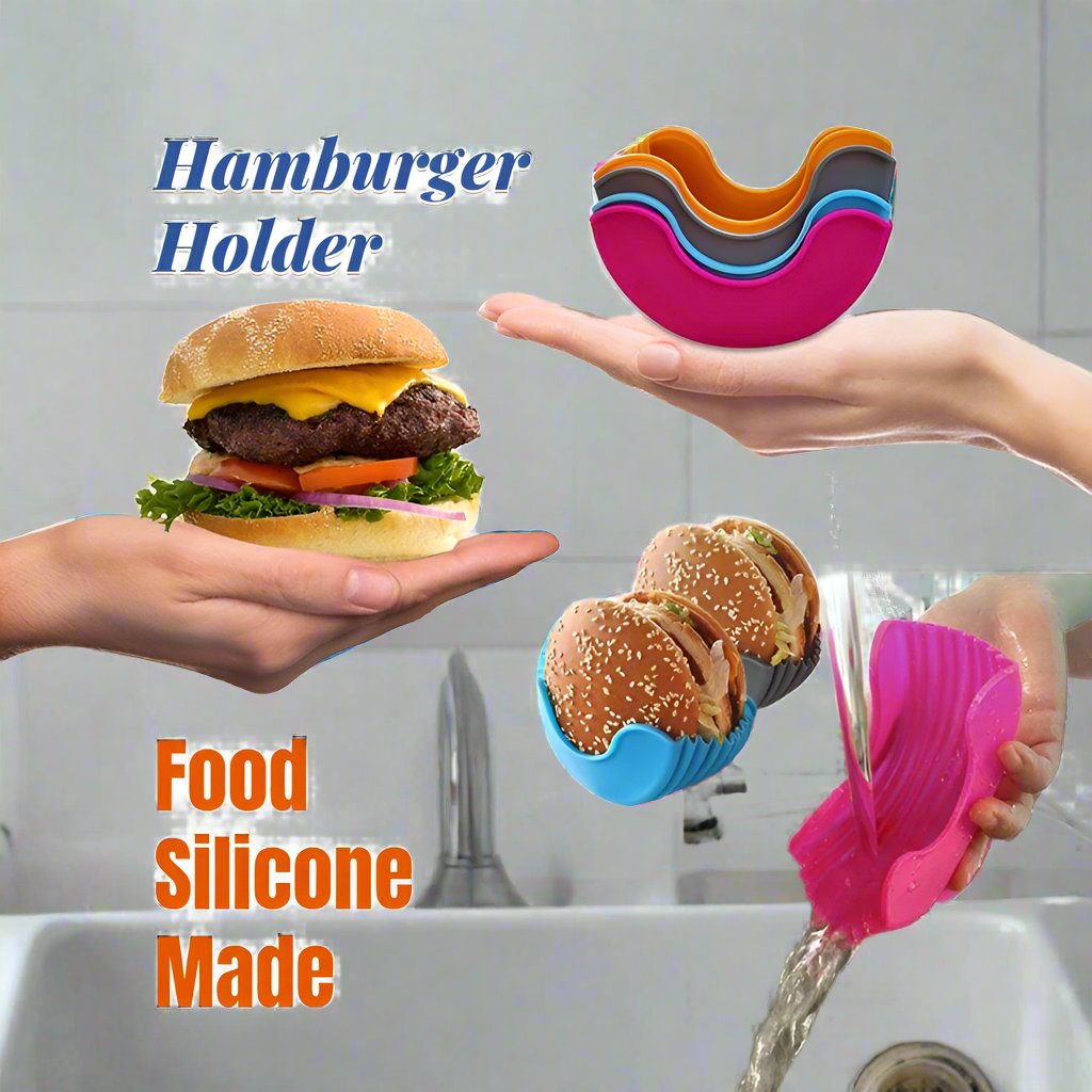 Silicone Hamburger Holder Set - Reusable Burger Shelf Tools with Fixed Rack for Kitchen Storage