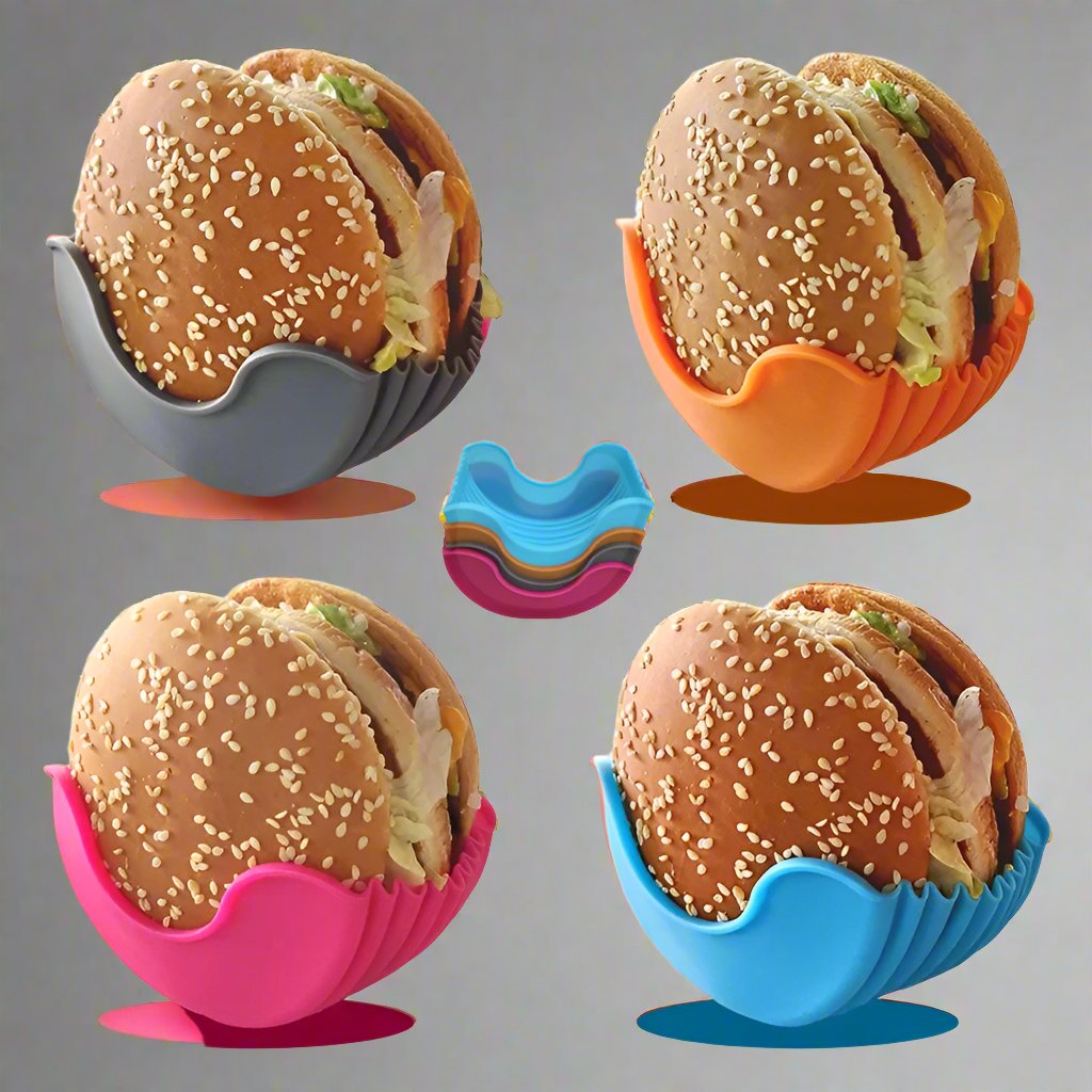 Silicone Hamburger Holder Set - Reusable Burger Shelf Tools with Fixed Rack for Kitchen Storage