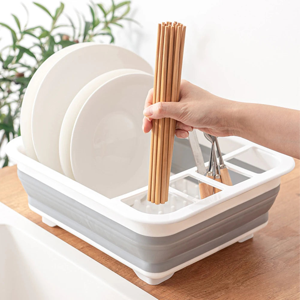 Collapsible Dish Drainer Space Saving Kitchen Storage Tray with Cutlery Divider Plastic Sink Drying Rack for Caravans Motorhomes