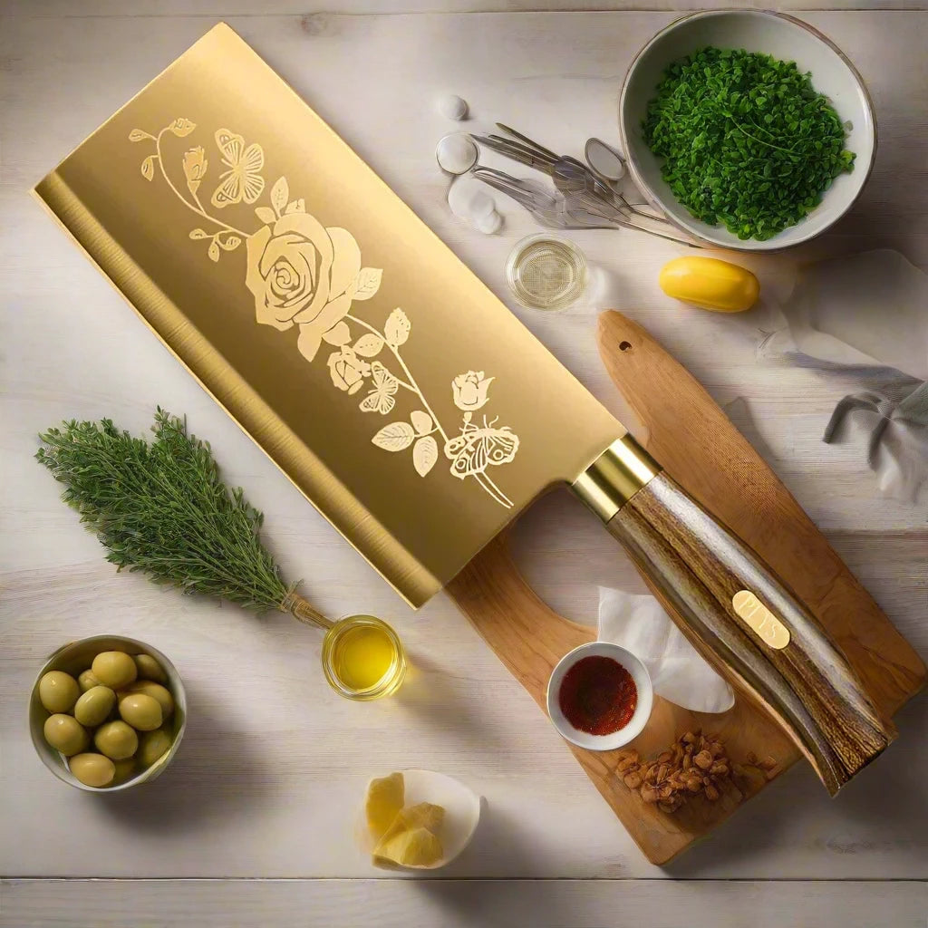 Six Piece Set Luxury Gold Kitchen Knife Set Stainless Steel Blade with Golden Titanium Plating Chef Knife Set for Kitchen