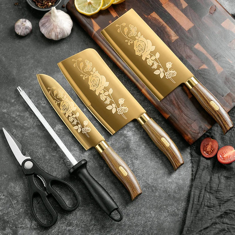 Six Piece Set Luxury Gold Kitchen Knife Set Stainless Steel Blade with Golden Titanium Plating Chef Knife Set for Kitchen