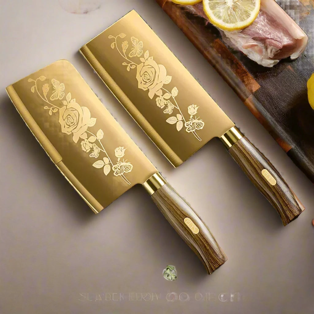 Six Piece Set Luxury Gold Kitchen Knife Set Stainless Steel Blade with Golden Titanium Plating Chef Knife Set for Kitchen