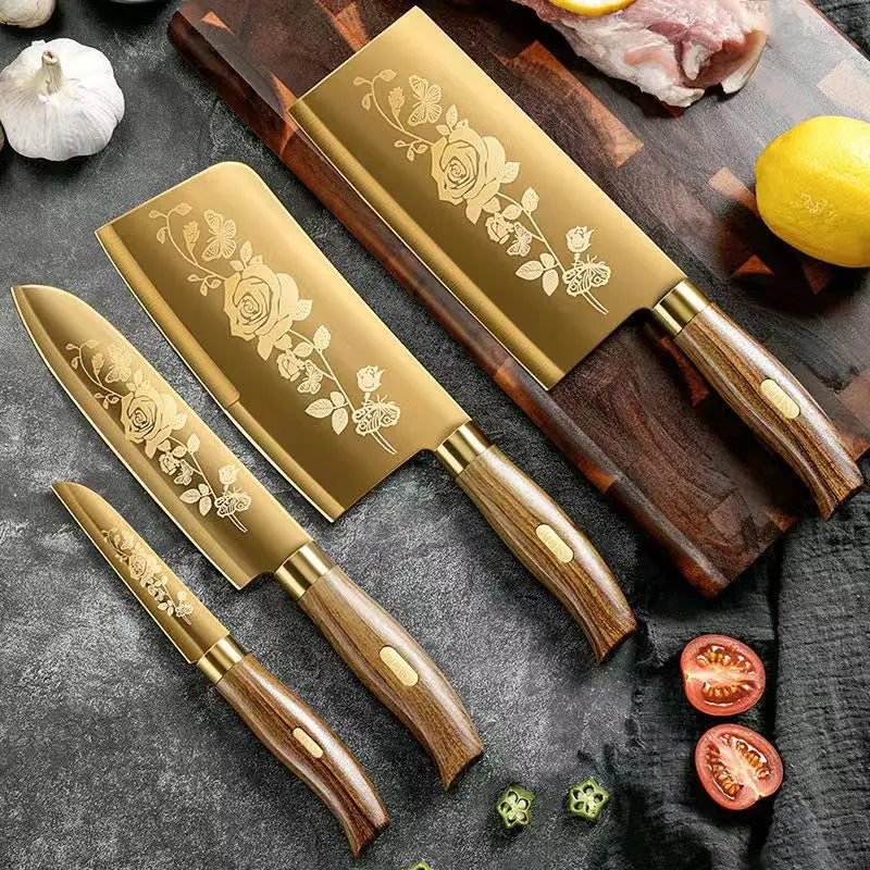 Six Piece Set Luxury Gold Kitchen Knife Set Stainless Steel Blade with Golden Titanium Plating Chef Knife Set for Kitchen