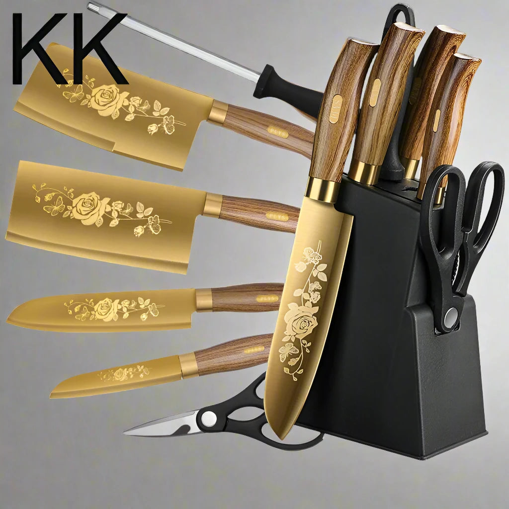 Six Piece Set Luxury Gold Kitchen Knife Set Stainless Steel Blade with Golden Titanium Plating Chef Knife Set for Kitchen