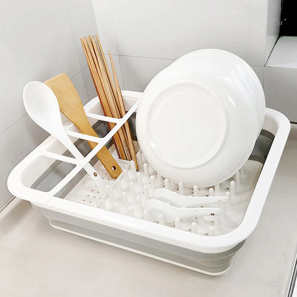 Collapsible Dish Drainer Space Saving Kitchen Storage Tray with Cutlery Divider Plastic Sink Drying Rack for Caravans Motorhomes